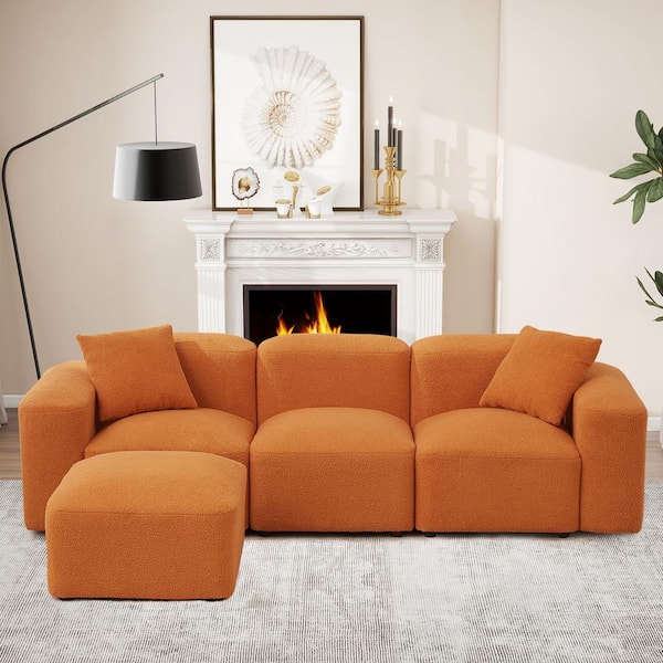WONDER COMFORT Comfy 94.5 in. Armless 4-piece L-Shaped Teddy Fabric Modular Sectional Sofa in. Orange with 2 Pillows, Ottoman