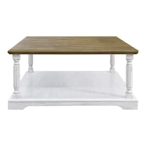 Delroy 34.6 in. PSray Paint White and Oak Square Solid Wood Top Coffee Table
