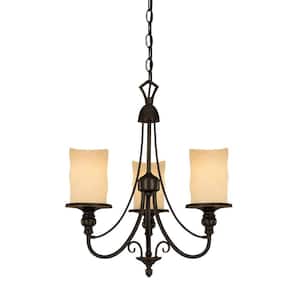 3-Light Burnished Bronze Patina Interior Chandelier with Burnt Scavo Glass
