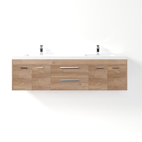 Lugano 72 in. Double Sink Floating Natural Oak Bath Vanity with White Acrylic Top (Assembled)