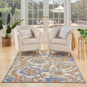 Aloha Ivory Blue 4 ft. x 6 ft. Floral Contemporary Indoor/Outdoor Area Rug