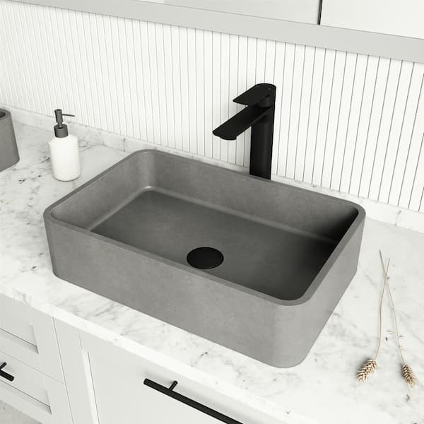VIGO Concreto Stone 20 in. Rectangular Vessel Bathroom Sink in Gray with Norfolk Faucet and Pop-Up Drain in Matte Black