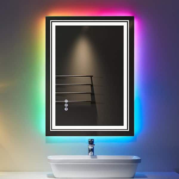 MYCASS RGB 24 in. W x 32 in. H Rectangular Frameless LED Mirror with Backlit Light, Anti-Fog Memory Wall Bathroom Vanity Mirror