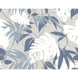 Tropical Forest Leaves BleuandWhiteandGrey PaperandYarn Non-Pasted Wet Removable Wallpaper Roll (Cover 60.75 sq. ft.)