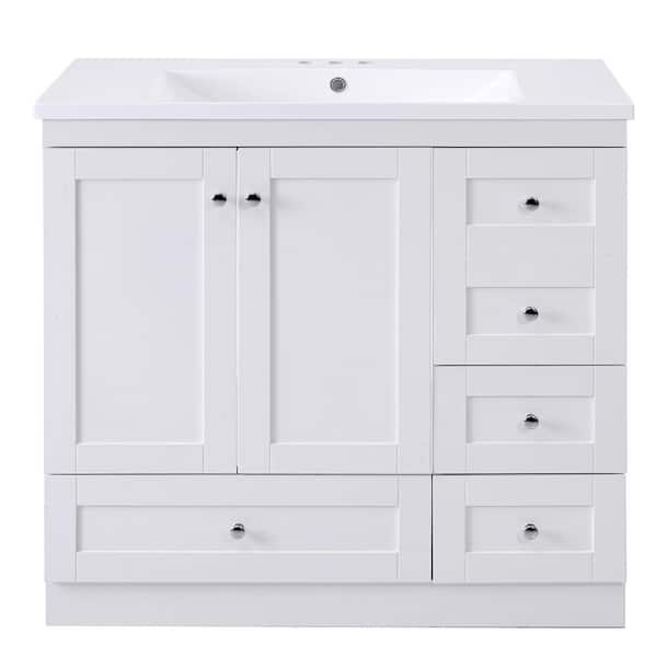 Polibi 35.8 in. W Single Sink Bath Vanity in White with White Solid Surface Top, 4-Soft-close Drawers and 2-Soft-close Doors
