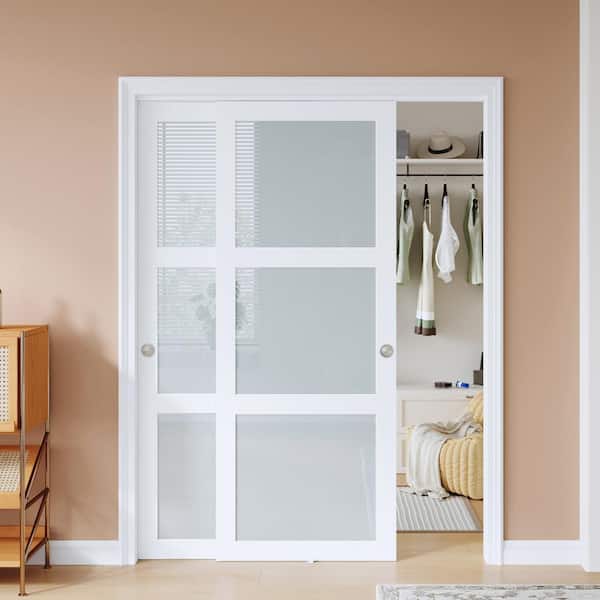 easelife 60 in. x 80 in. 3 Lites Frosted Glass Preassembled White MDF Sliding Door with Bypass Hardware Kit