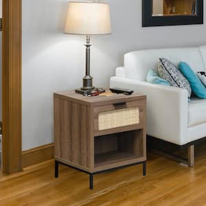 Natural Wood Rattan Nightstand Bedroom Living Room Side Table, Drawer, Open Shelf 21.9 in. H x 17.7 in. W x 15.6 in. D