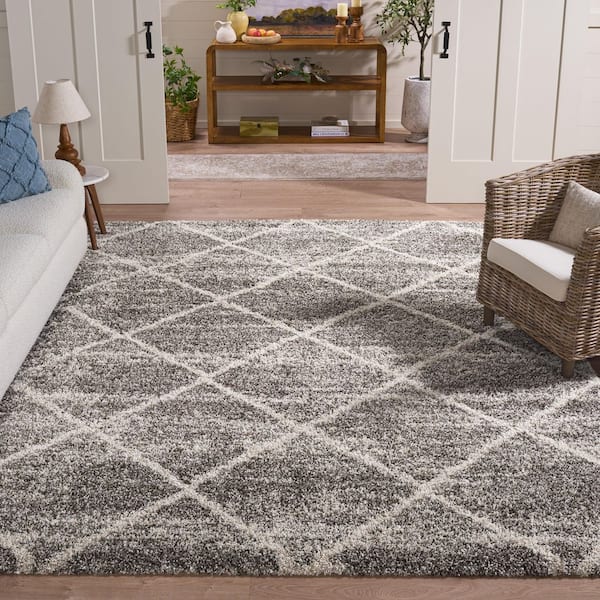 Hudson Shag 8 ft. x 10 ft. Distressed Gray/Ivory Geometric Area Rug