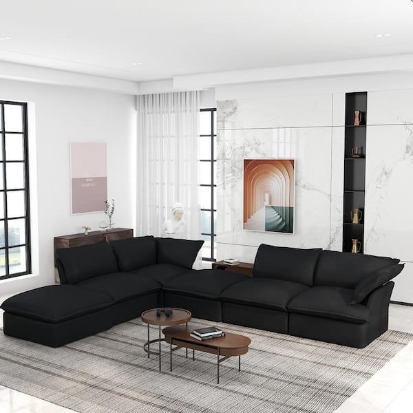 Magic Home 163 in. Flared Arm 6-Piece Linen Overstuffed Cloud Couch Pine Wood U-Shaped Sectional Sofa in Black with Storage Ottoman