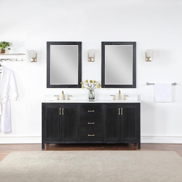 Altair Hadiya 72 in.W x 22 in.D x 34 in. H Double Sink Bath Vanity in Black Oak with White Composite Stone Top and Mirror