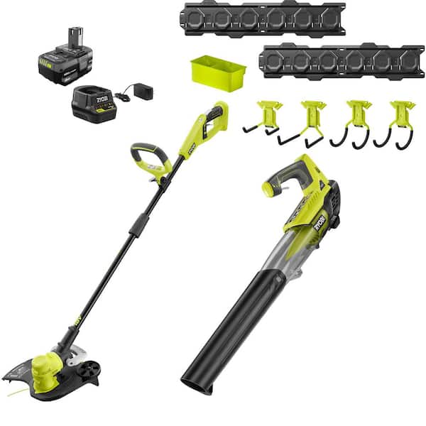 Ryobi ONE+ 18V Cordless Battery String Trimmer/Edger \u0026 Jet Fan Blower W/LINK Wall Storage Kit- 4.0Ah Battery \u0026 Charger