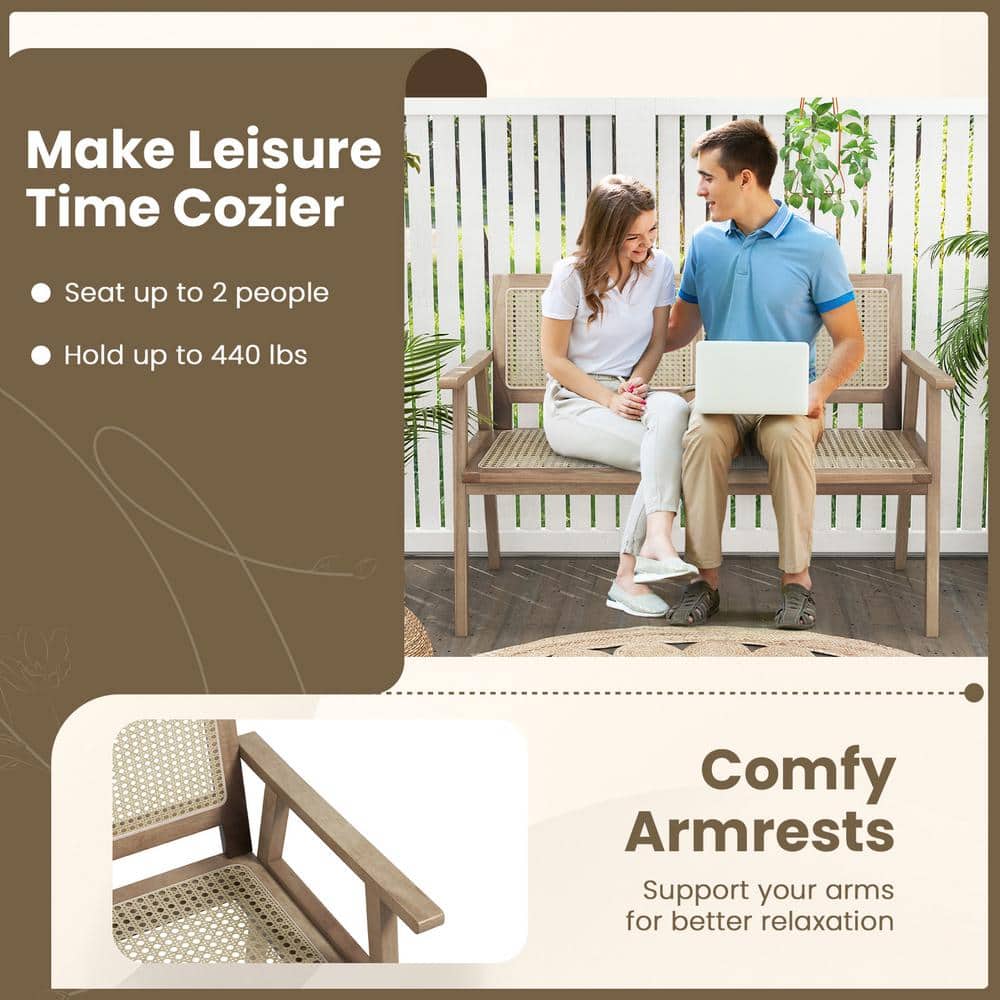 Natural Teak and Rattan 2-Person Outdoor Bench with Armrests