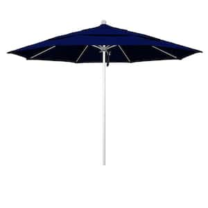 11 ft. Silver Aluminum Commercial Market Patio Umbrella with Fiberglass Ribs and Pulley Lift in True Blue Sunbrella