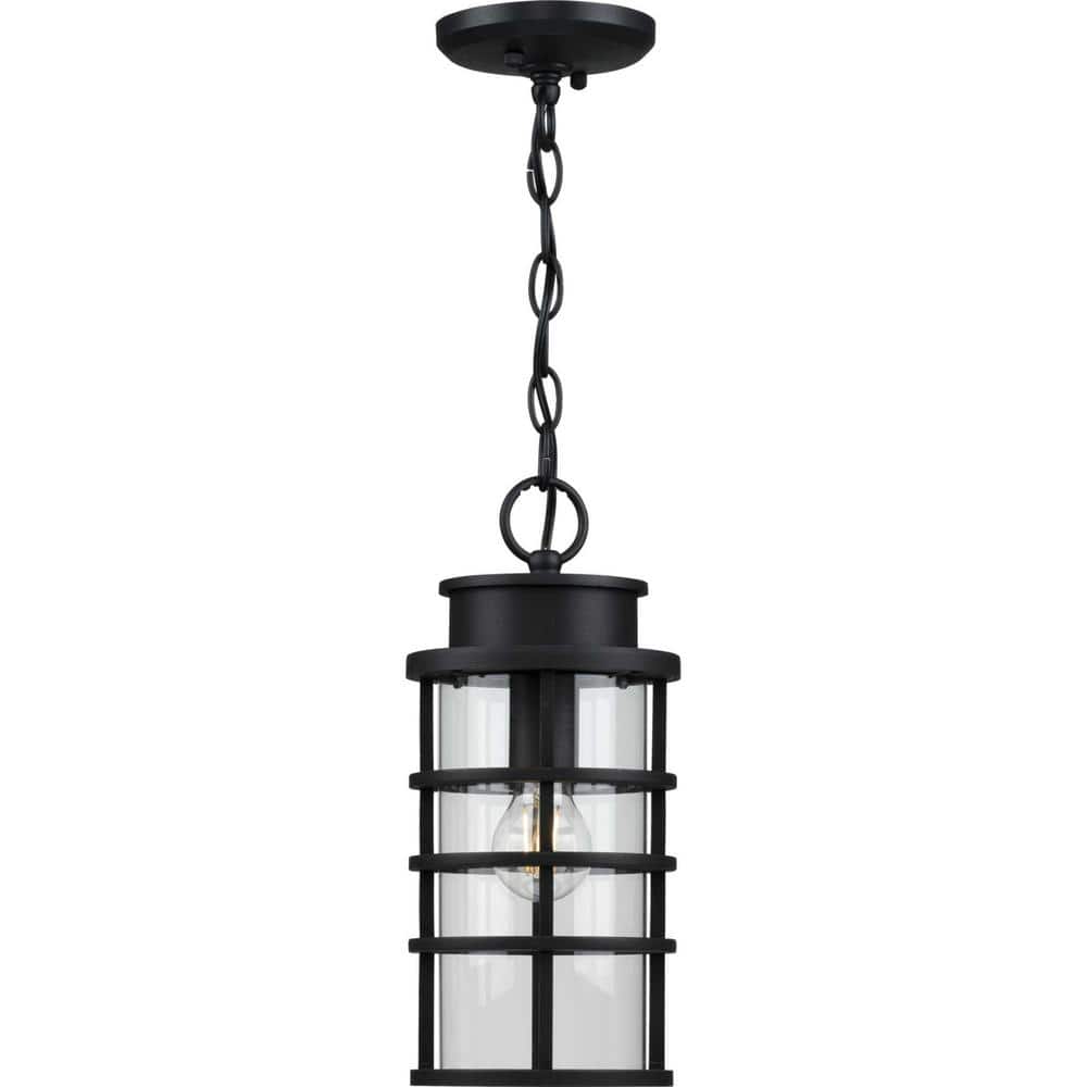 Black Ribbed Frame Outdoor Hanging Lantern with Clear Glass Shade