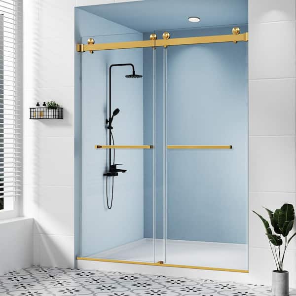 56-60 in. W x 79 in. H Double Sliding Frameless Shower Door in Brushed Gold with 3/8 in. Clear Glass