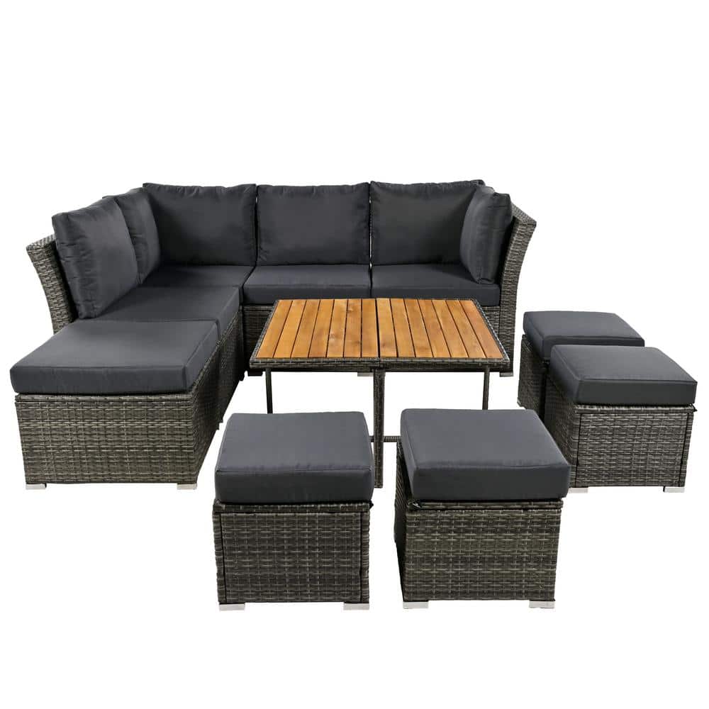 10-Pieces Wicker Patio Conversation Sofa Set, with Grey Cushions Solid wood