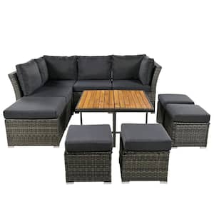 10-Pieces Wicker Patio Conversation Sofa Set, with Grey Cushions Solid wood Coffee Table and Ottomans