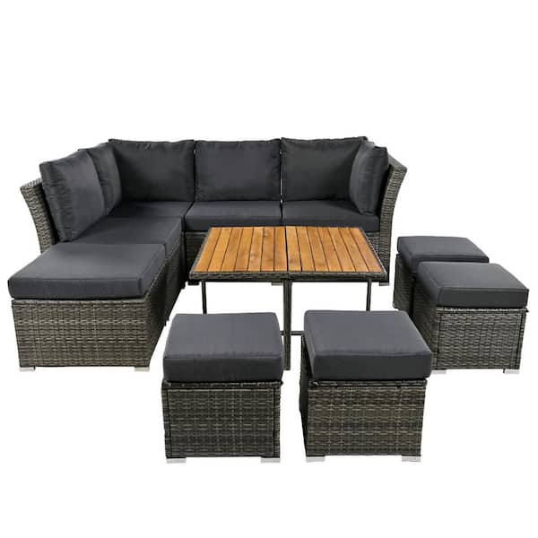 Unbranded 10-Pieces Wicker Patio Conversation Sofa Set, with Grey Cushions Solid wood Coffee Table and Ottomans
