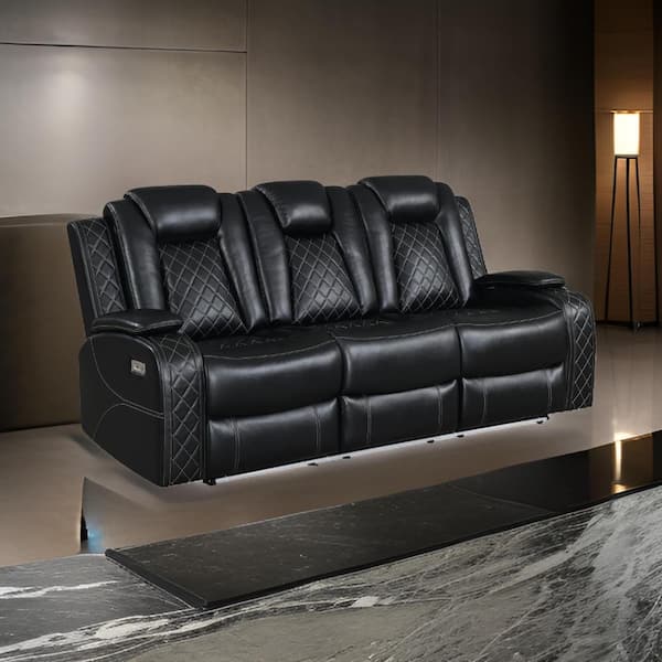 Benjara 85 in. Flared Arm Fabric Rectangle Power Recliner Sofa in Black