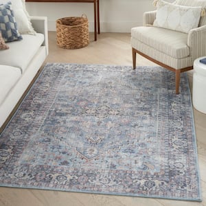 57 Grand Machine Washable Light Grey/Blue 5 ft. x 7 ft. Bordered Traditional Area Rug