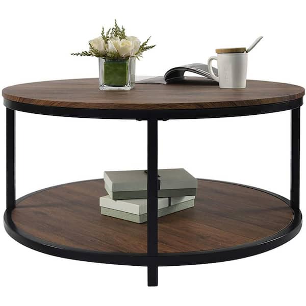 ULSMVOC SMT 35 .83 in. Dark Brown Rustic Retro Industrial Design Round Wooden Coffee Table with Open Shelf-Storage Space