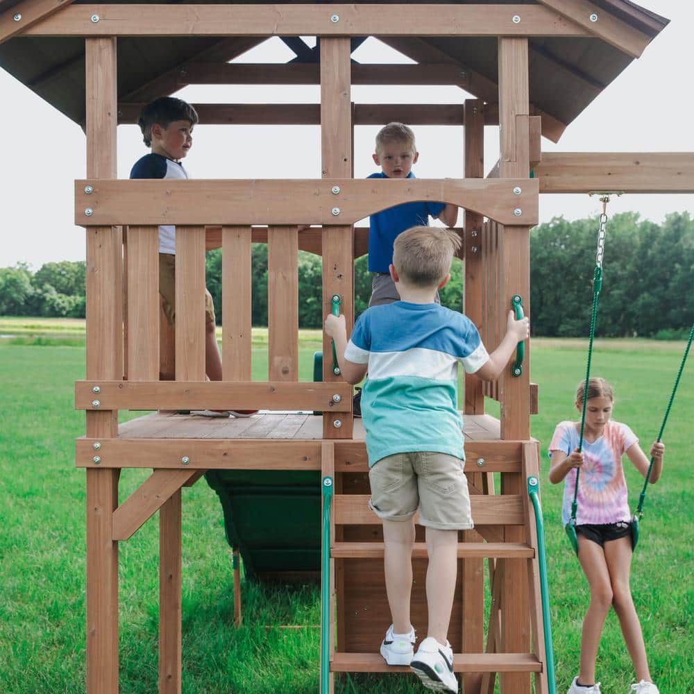 Cedar Wood Outdoor Swing Set with Slide and Fort