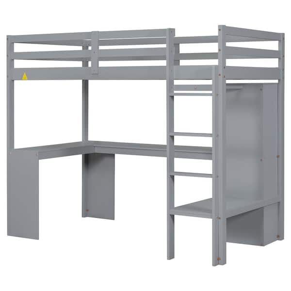 Nestfair Gray Twin Size Loft Bed with L-shaped Desk, Wardrobe and Shelves