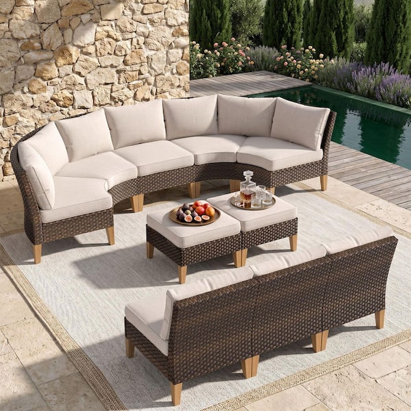 Brown Rattan Wicker 10 Seat 10-Piece Steel Patio Outdoor Sectional Set with Beige Cushions