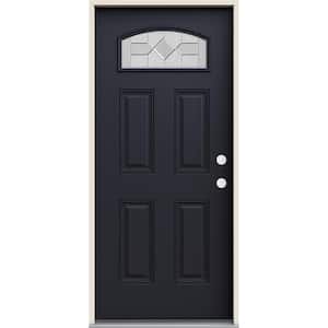 36 in. x 80 in. Left-Hand/Inswing Camber Top Caldwell Decorative Glass Black Fiberglass Prehung Front Door
