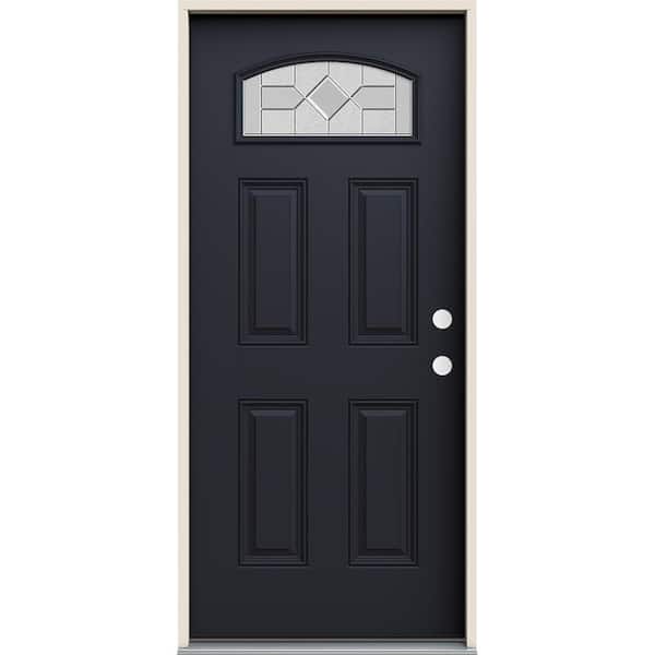 JELD-WEN 36 in. x 80 in. Left-Hand/Inswing Camber Top Caldwell Decorative Glass Black Fiberglass Prehung Front Door
