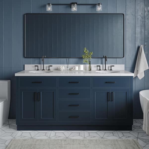 ARIEL Hepburn 72 in. W x 22 in. D x 36 in. H Double Sink Freestanding Bath Vanity in Midnight Blue with Carrara Quartz Top