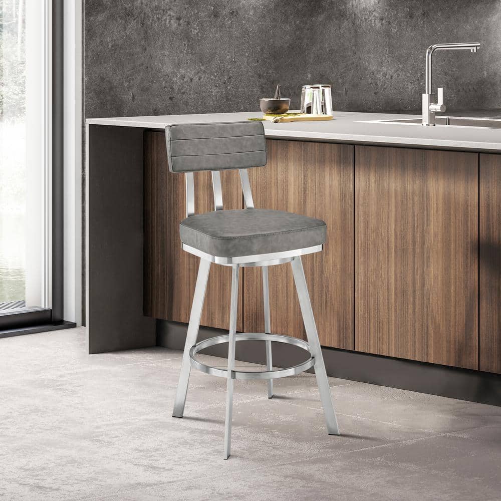 Jinab 38-42 in. Grey/Brushed Stainless Steel Metal 26 in. Bar Stool with Fa