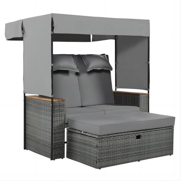 Clihome Wicker Rattan Outdoor Adjustable Backrest Lounge Chair Roof Set, with Grey Cushions for Garden, Backyard and Porch