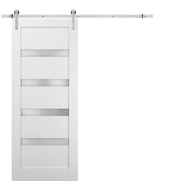 Sartodoors 42 in. x 96 in. 1-Panel 1/4 Lite Frosted Glass White Finished Solid Pine MDF Sliding Barn Door with Hardware Kit