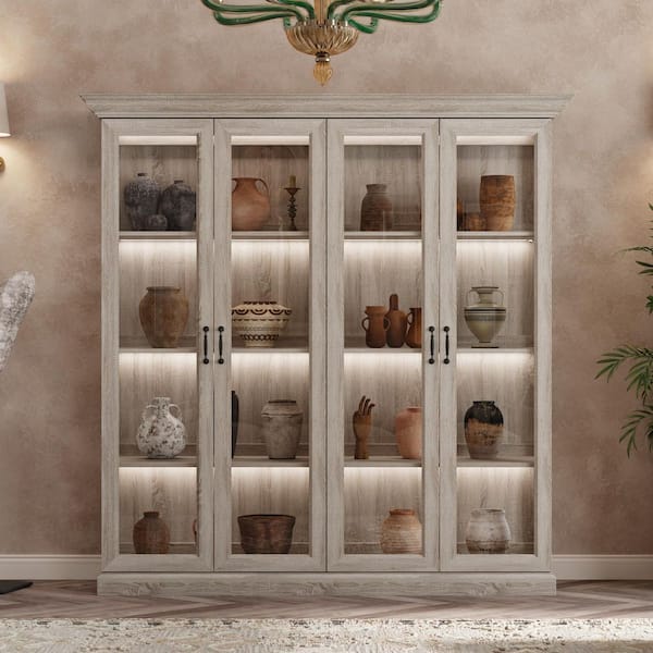 Gray Oak 68.5 in. Display Cabinet with Tempered Glass Doors and LED Strip Lighting, Anti-Tip Kit