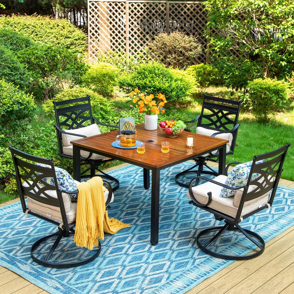 PHI VILLA 5Piece Metal Patio Outdoor Dining Set with Brown Slat