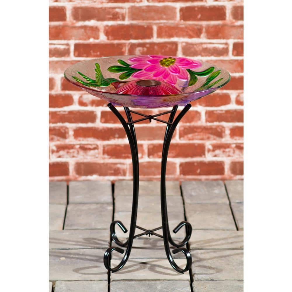 Solar Floral Glass Hummingbird Birdbath with Metal Stand
