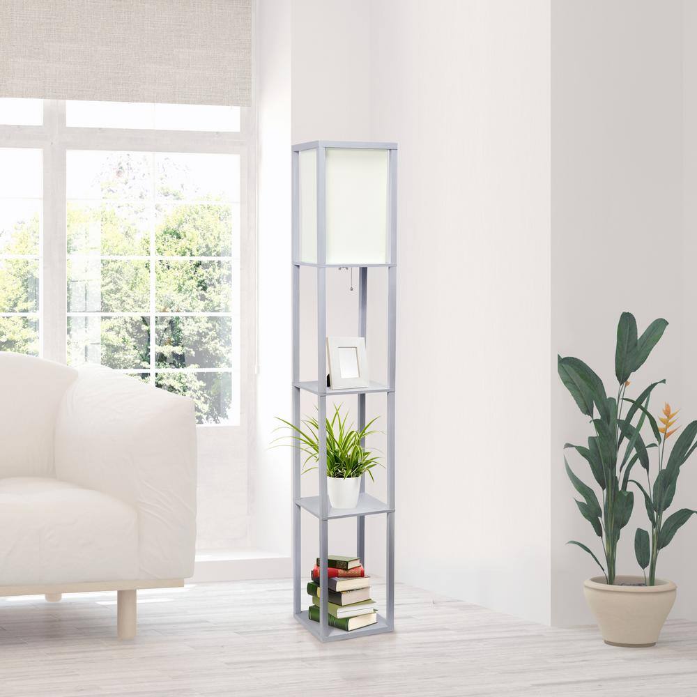 Elegant Gray Floor Lamp with Linen Shade and Display Shelves