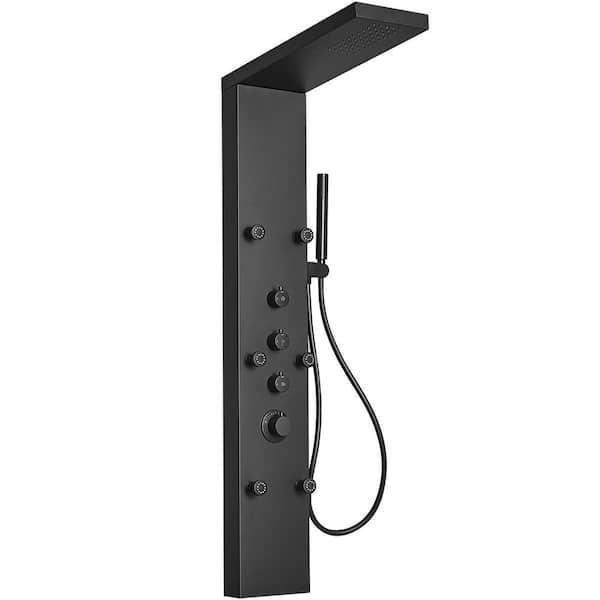 BWE 6-Jet Rainfall Shower Tower Shower Panel System with Rainfall Waterfall Shower Head and Shower Wand in Matte Black