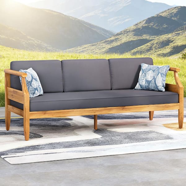 1-Piece Wood Outdoor Couch with Gray Cushions