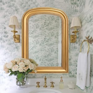 23.6 in. W x 33.5 in. H Ornate Baroque Brass Classic Finely Carved Wooden Frame Arched Wall Mirror