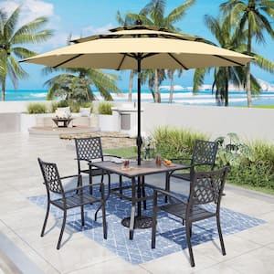 Black 6-Piece Metal Outdoor Patio Dining Set with Umbrella and Wood-Look Square Table and Elegant Stackable Chairs