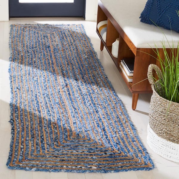 Cape Cod Blue/Natural 2 ft. x 16 ft. Striped Border Runner Rug
