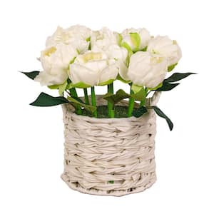 10 in. Artificial Floral Arrangements Peony in White Basket Color: White