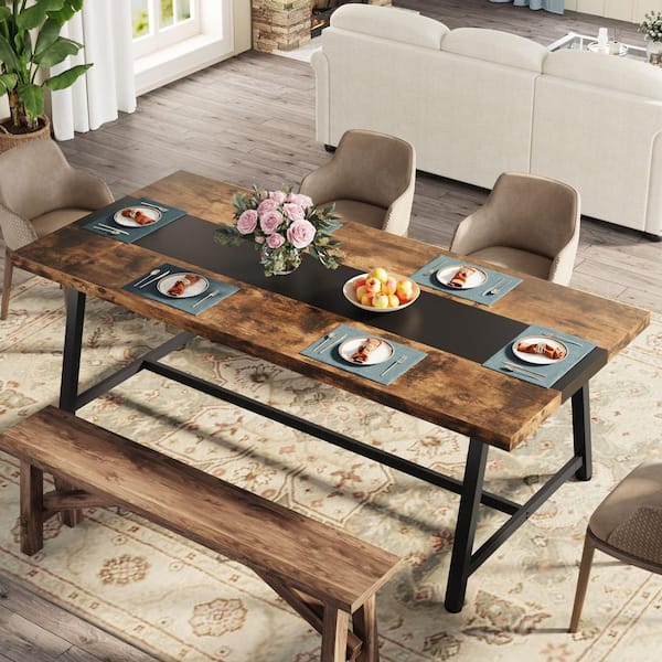BYBLIGHT Roesler Industrial Brown Wood 70.87 in. 4 Legs Dining Table Seats-8