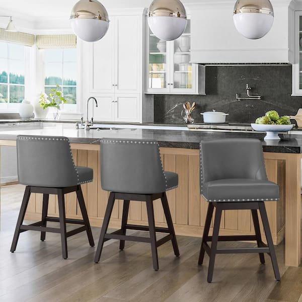 OrangeOne 26 in. Dark Gray Wood 360 Free Swivel Upholstered Counter Bar Stool w/Back Performance Faux Leather Bar Stool Set of 3