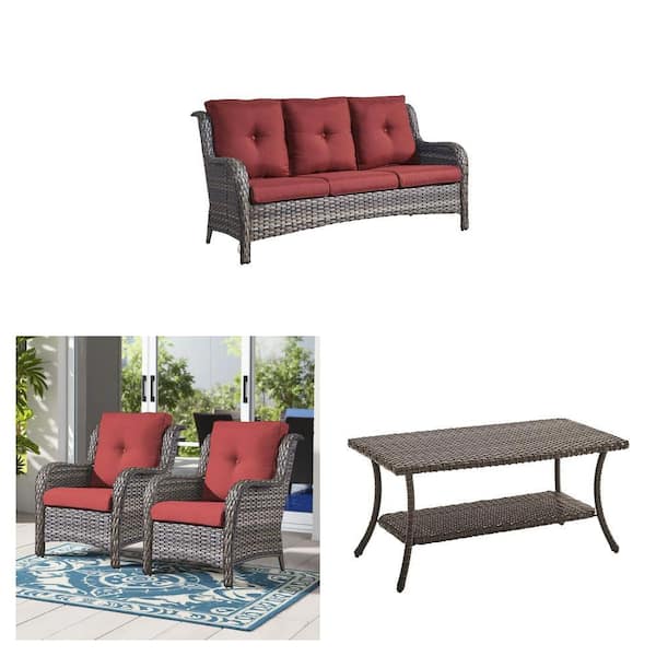 3 Seat Wicker Patio Sofa (Gray/Red), Lounge Chair (2-Pack) and Coffee Table Combo