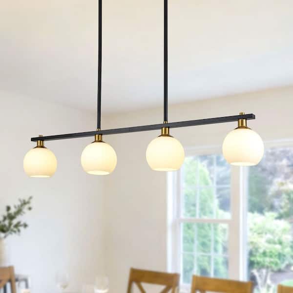 40 -Watt 4 Light Black/Gold Linear Glass Globe Pendant Light with Milk White Glass Shade,No Bulbs Included