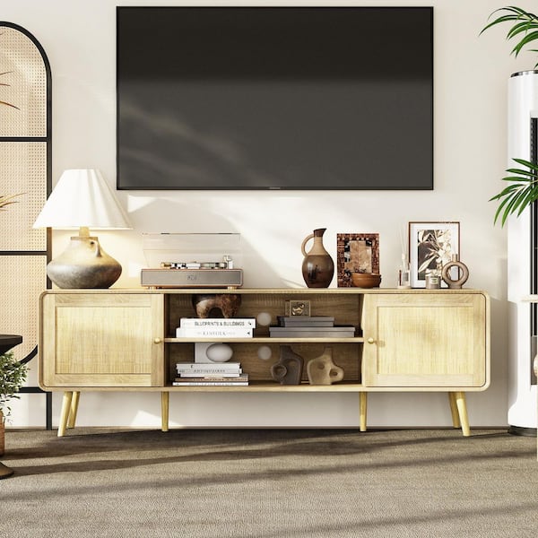FUFU&GAGA Burly Wood Grain Yellow TV Stand Entertainment Center Fits TV's up to 85 in. with 4-Shelves, 2-Holes and 2-Doors