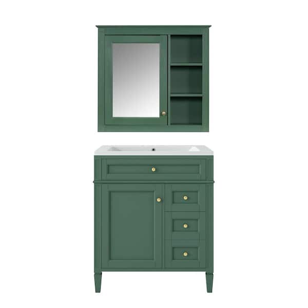 30 in. W Single Sink Freestanding Green Bath Vanity with White Resin Top and Adjustable Shelves